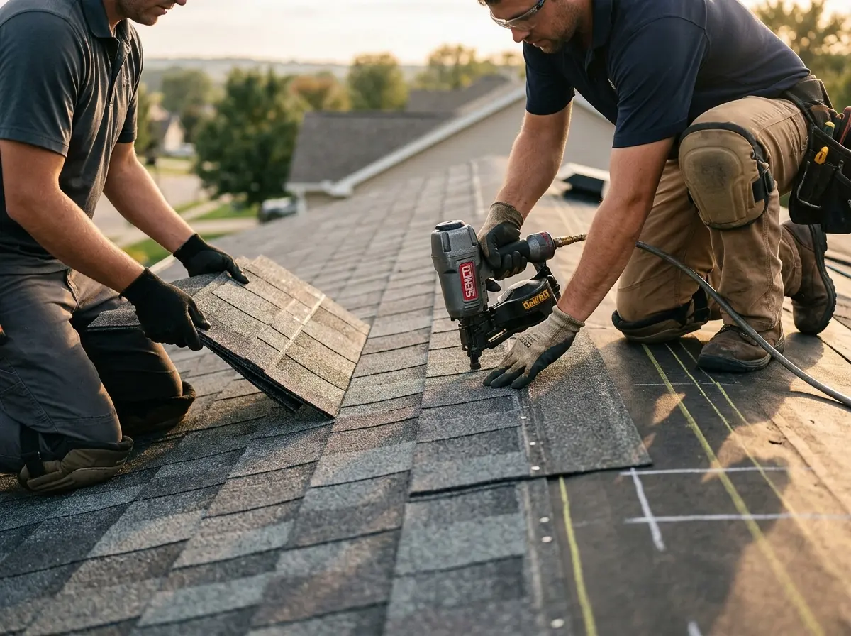 Professional roofer working on a residential roof in Sparta